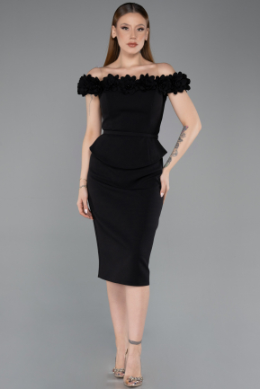 Siyah Çiçekli Kayık Yaka Peplum Midi Kalem Abiye Elbise ABK2583