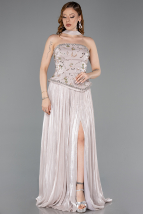 Vizon Straplez Peplum Kesim Pliseli Uzun Abiye ABU5786