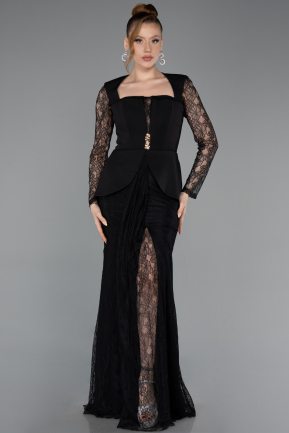 Siyah Dantelli Uzun Kol Peplum Kesim Abiye Elbise ABU6014