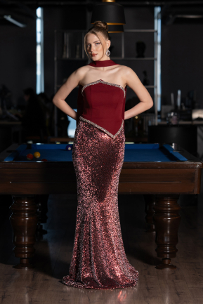 Bordo Asimetrik Straplez Peplum Uzun Pullu Balık Abiye ABU5703