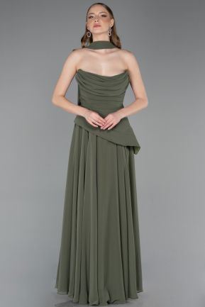 Haki Straplez Peplum Kesim Uzun Şifon Abiye Elbise ABU5763