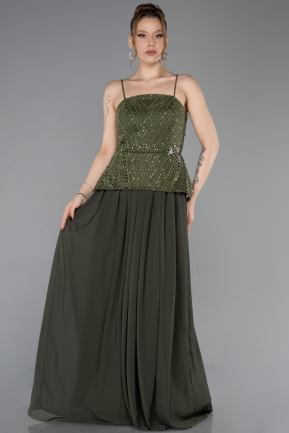 Haki Üstü Boncuklu Peplum Uzun Şifon Abiye Elbise ABU6076