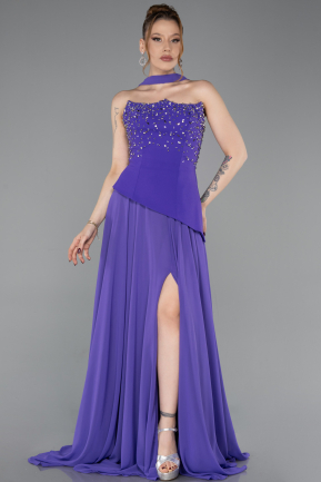 Mor Taşlı Straplez Peplum Yırtmaçlı Uzun Şifon Abiye ABU6018