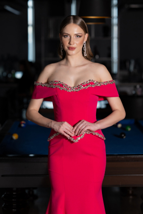 Fuşya Taşlı Kayık Yaka Peplum Uzun Balık Abiye Elbise ABU5755