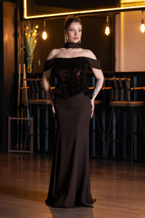 Kahve Üstü Pullu Kayık Yaka Peplum Uzun Abiye ABU6094