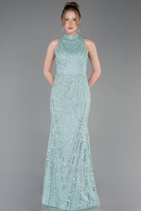 Mint Halter Yaka Boncuklu Uzun Balık Abiye ABU4791