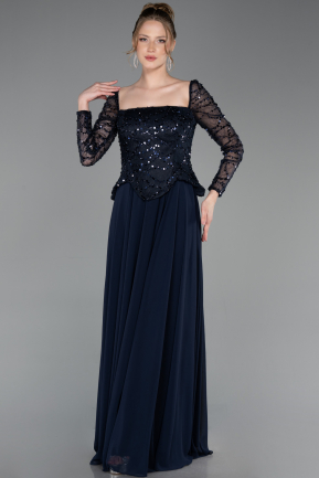 Lacivert Pullu Kare Yaka Uzun Kol Peplum Şifon Abiye ABU6157