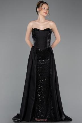 Siyah Straplez Saten Korse Detay Uzun Boncuklu Abiye ABU6125