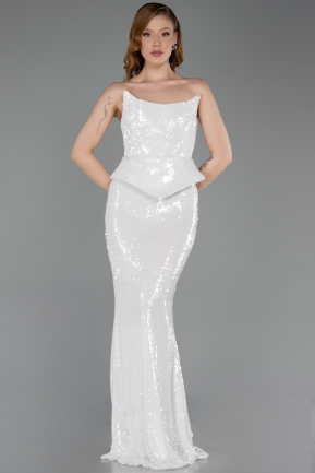 Ekru Straplez Yaka Peplum Kesim Uzun Pul Payet Abiye ABU5721