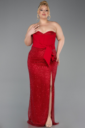 Kırmızı Straplez Yırtmaçlı Uzun Boncuklu Büyük Beden Abiye ABU5989