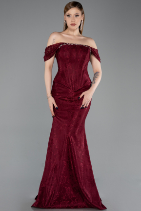 Bordo Kayık Yaka Peplum Kesim Uzun Dantel Abiye Elbise ABU5609