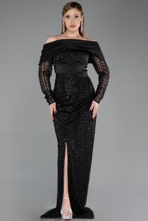Siyah Omuz Dekolte Boncuklu Uzun Kol Yırtmaçlı Abiye ABU6186