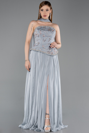 Antrasit Straplez Peplum Kesim Pliseli Uzun Abiye ABU5786