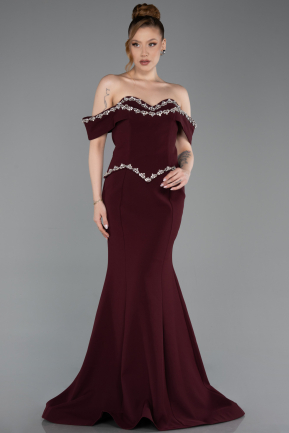 Vişne Taş İşlemeli Peplum Uzun Balık Abiye Elbise ABU6198