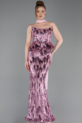 Pudra Straplez Yaka Peplum Uzun Pullu Abiye Elbise ABU6202