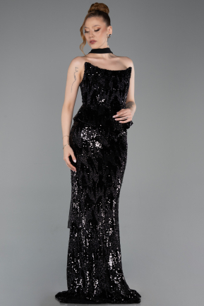Siyah Straplez Yaka Peplum Uzun Pullu Abiye Elbise ABU6202