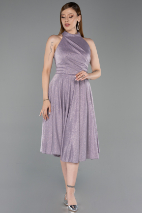 Lila Halter Yaka Midi Simli Davet Elbisesi ABK2638