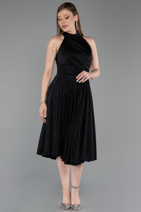 Siyah Halter Yaka Midi Simli Davet Elbisesi ABK2638
