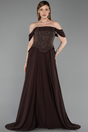 Kahve Kayık Yaka Taşlı Peplum Kesim Uzun Şifon Abiye ABU6221