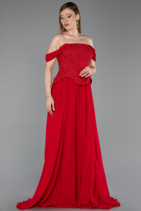 Kırmızı Kayık Yaka Taşlı Peplum Kesim Uzun Şifon Abiye ABU6221