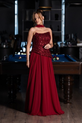 Bordo Pullu Straplez Yaka Uzun Şifon Abiye Elbise ABU5486