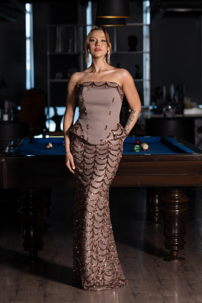 Açık Kahve Straplez Peplum Uzun Pullu Abiye Elbise ABU5919