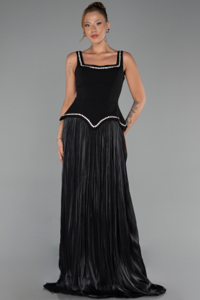 Siyah Kolsuz Peplum Kesim Pliseli Uzun Şifon Abiye ABU6323