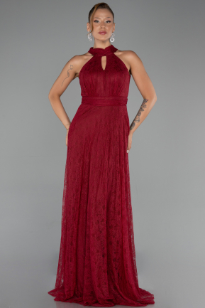 Bordo Halter Yaka Uzun Dantel Abiye Elbise ABU6313