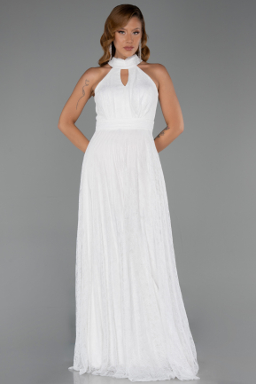 Ekru Halter Yaka Uzun Dantel Abiye Elbise ABU6313