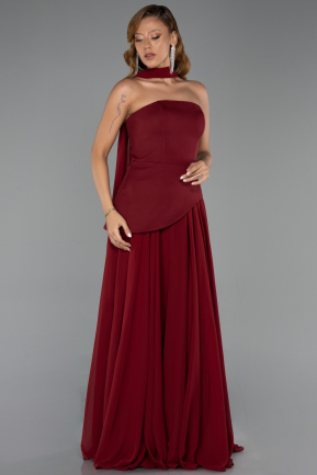 Bordo Straplez Peplum Kesim Şallı Uzun Şifon Abiye ABU6042