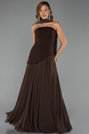 Kahve Straplez Peplum Kesim Şallı Uzun Şifon Abiye ABU6042