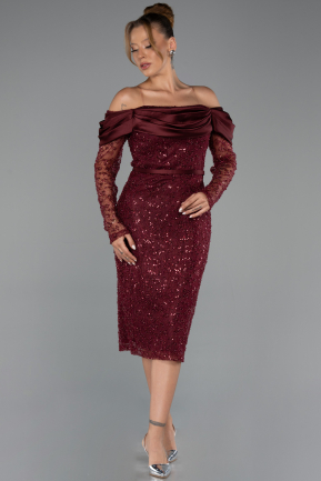 Bordo Güpürlü Uzun Kol Midi Boncuklu Gece Elbisesi ABK2663