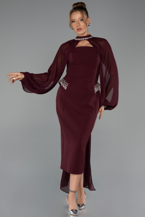 Bordo Straplez Uzun Kol Pelerinli Midi Gece Elbisesi ABK2664