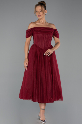 Bordo Kayık Yaka Balenli Midi Simli Davet Elbisesi ABK2665