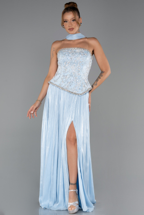 Buz Mavisi Straplez Peplum Kesim Pliseli Uzun Abiye ABU5786