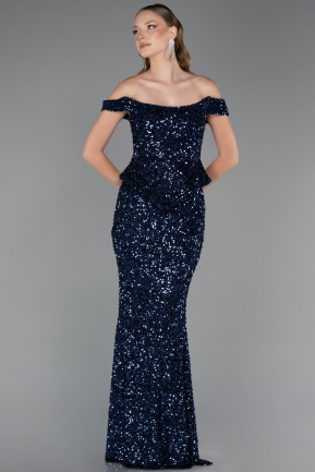 Lacivert Kayık Yaka Peplum Kesim Uzun Pullu Abiye ABU6359