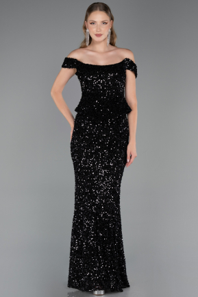 Siyah Kayık Yaka Peplum Kesim Uzun Pullu Abiye ABU6359