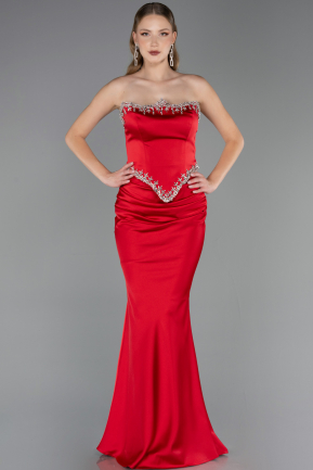 Kırmızı Taşlı Straplez Peplum Kesim Uzun Saten Balık Abiye ABU5644