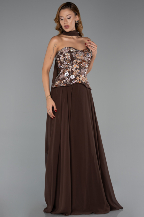 Kahve Payetli Straplez Yaka Peplum Uzun Şifon Abiye ABU6391