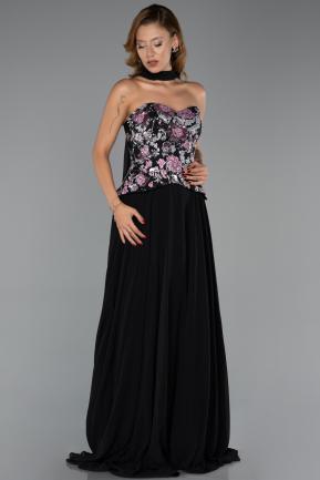 Siyah Payetli Straplez Yaka Peplum Uzun Şifon Abiye ABU6391