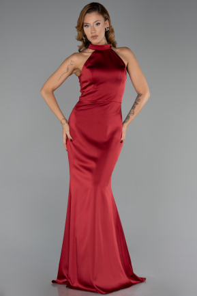 Bordo Halter Yaka Uzun Saten Balık Abiye Elbise ABU6406