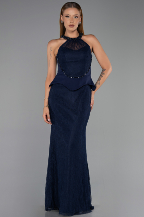 Lacivert Halter Yaka Peplum Uzun Dantel Abiye Elbise ABU6425