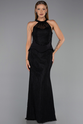 Siyah Halter Yaka Peplum Uzun Dantel Abiye Elbise ABU6425