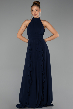 Lacivert Halter Yaka Uzun Şifon Mezuniyet Elbisesi ABU6506