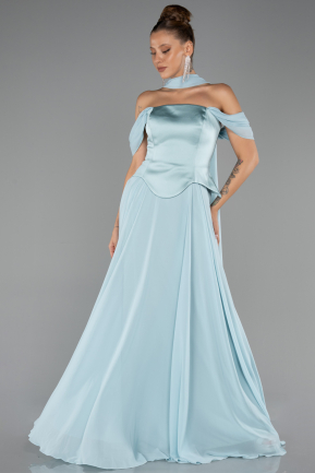 Mint Kayık Yaka Saten Peplum Kesim Uzun Şifon Abiye ABU5327