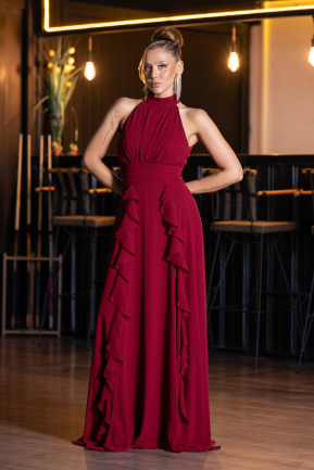 Bordo Halter Yaka Uzun Şifon Mezuniyet Elbisesi ABU6506