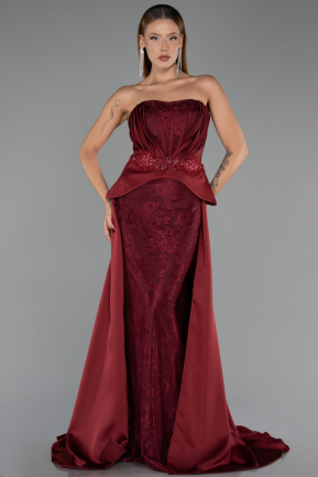 Bordo Straplez Peplum Kesim Kuyruklu Uzun Dantel Abiye ABU5615