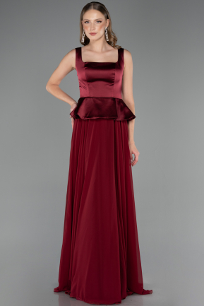 Bordo Saten Kare Yaka Peplum Uzun Şifon Abiye Elbise ABU6568