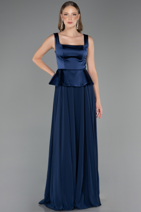 Lacivert Saten Kare Yaka Peplum Uzun Şifon Abiye Elbise ABU6568
