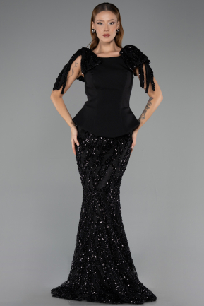 Siyah Omuz Detaylı Peplum Uzun Pullu Balık Abiye Elbise ABU6607